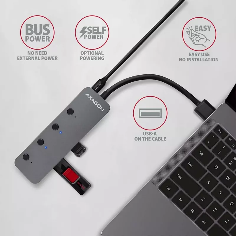 Axagon HUE-MSA Superspeed USB-A switch hub 4x USB 3.0 aktívny - 20cm čierny USB 3.2 Gen 1 (3.1 Gen 1) Type-A 5000 Mbit/s sivý