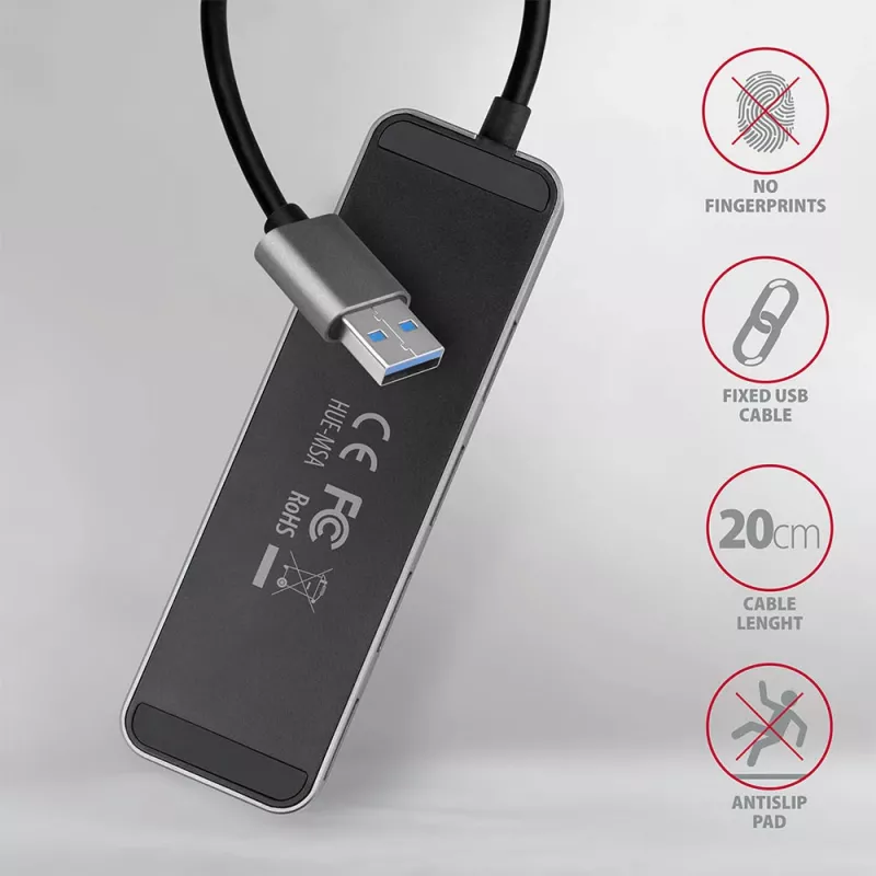 Axagon HUE-MSA Superspeed USB-A switch hub 4x USB 3.0 aktívny - 20cm čierny USB 3.2 Gen 1 (3.1 Gen 1) Type-A 5000 Mbit/s sivý