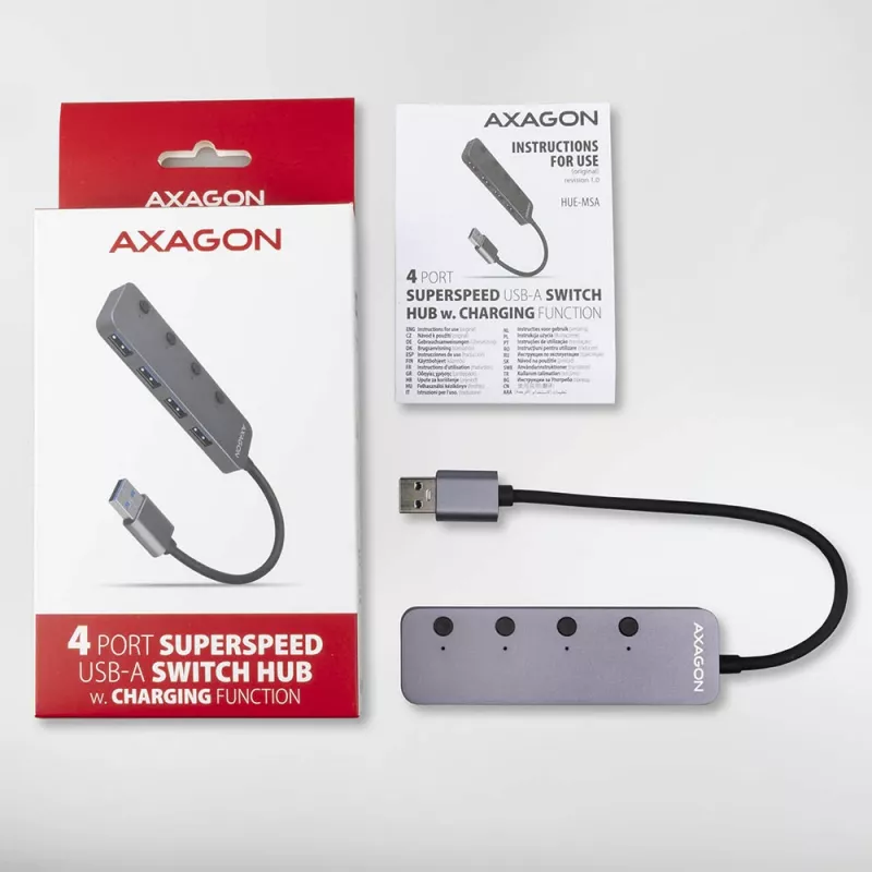 Axagon HUE-MSA Superspeed USB-A switch hub 4x USB 3.0 aktívny - 20cm čierny USB 3.2 Gen 1 (3.1 Gen 1) Type-A 5000 Mbit/s sivý