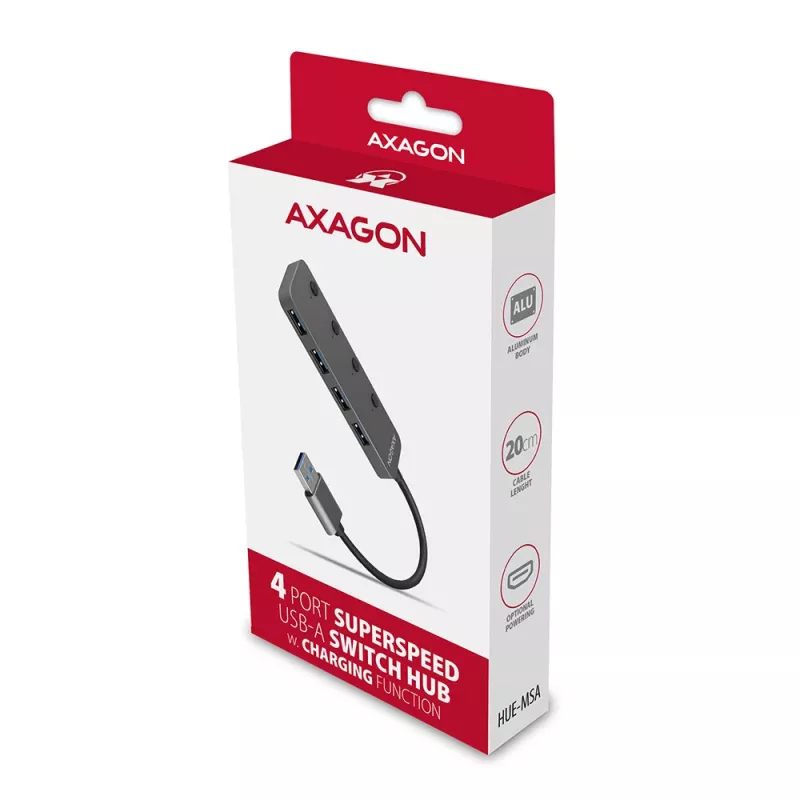 Axagon HUE-MSA Superspeed USB-A switch hub 4x USB 3.0 aktívny - 20cm čierny USB 3.2 Gen 1 (3.1 Gen 1) Type-A 5000 Mbit/s sivý