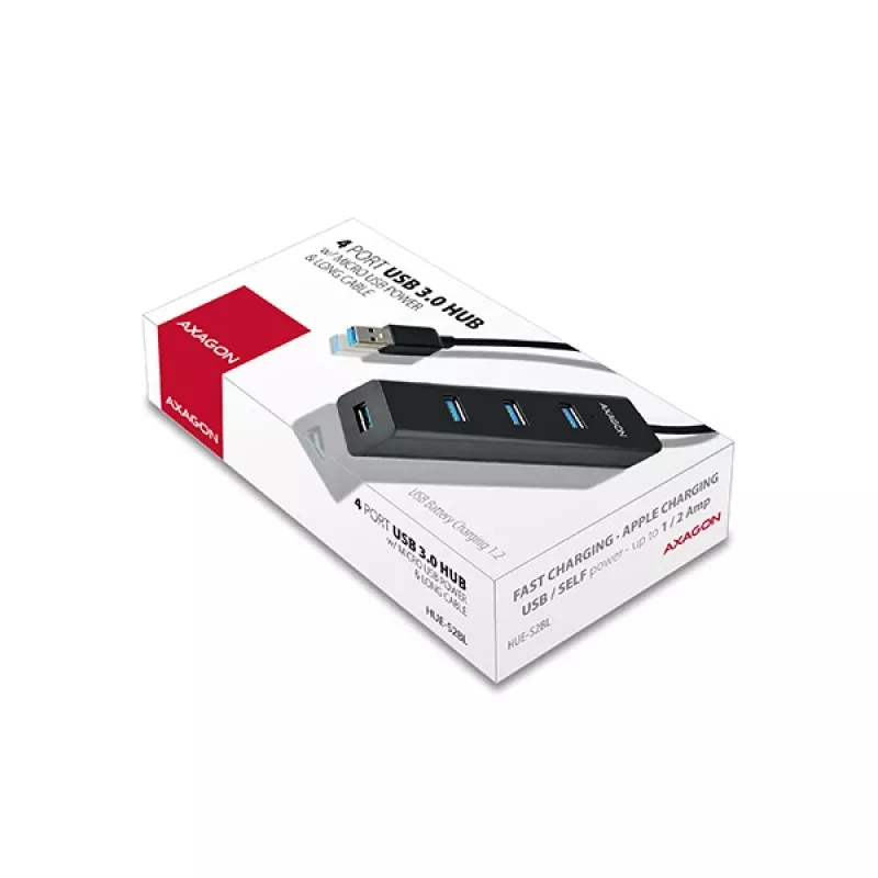 Axagon HUE-S2BL 4x USB 3.0 CHARGING hub s 1,2 m káblom, napájanie cez Micro-USB