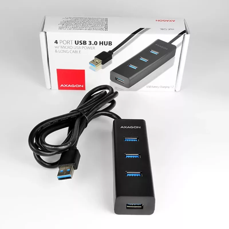 Axagon HUE-S2BL 4x USB 3.0 CHARGING hub s 1,2 m káblom, napájanie cez Micro-USB
