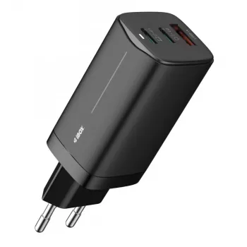 AC nabíjačka pre mobilné zariadenia IBOX ILUC65B — 65 W, 3x USB (2x USB‑A Gen1, 1x USB‑C), čierna, 100–240 V