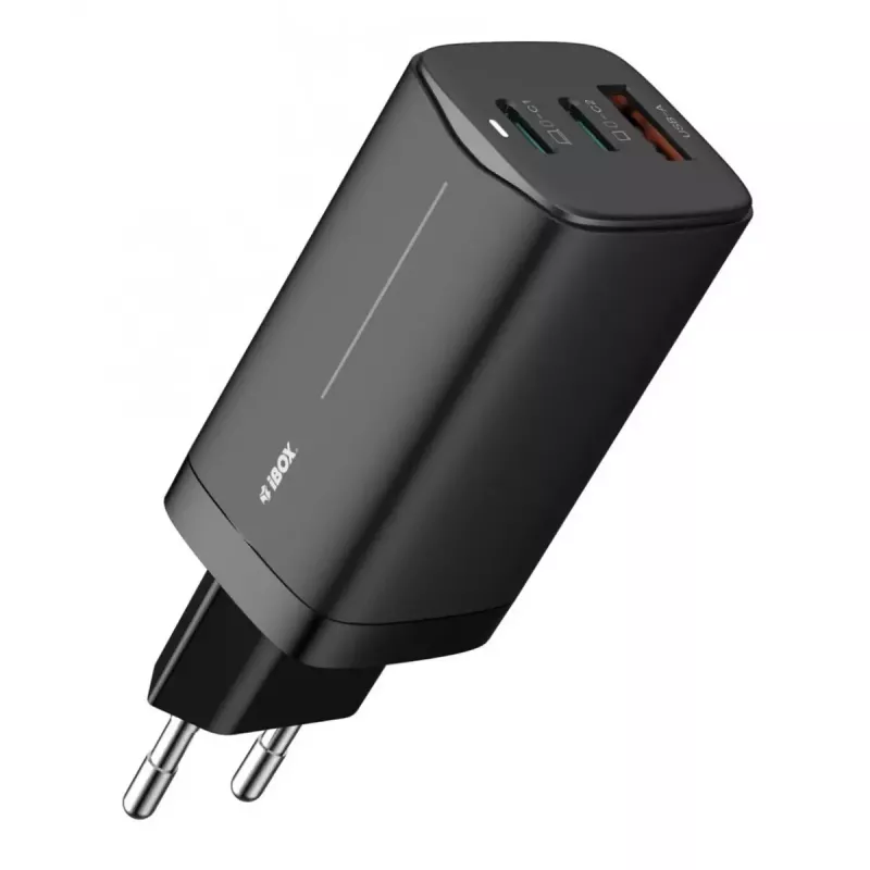AC nabíjačka pre mobilné zariadenia IBOX ILUC65B — 65 W, 3x USB (2x USB‑A Gen1, 1x USB‑C), čierna, 100–240 V