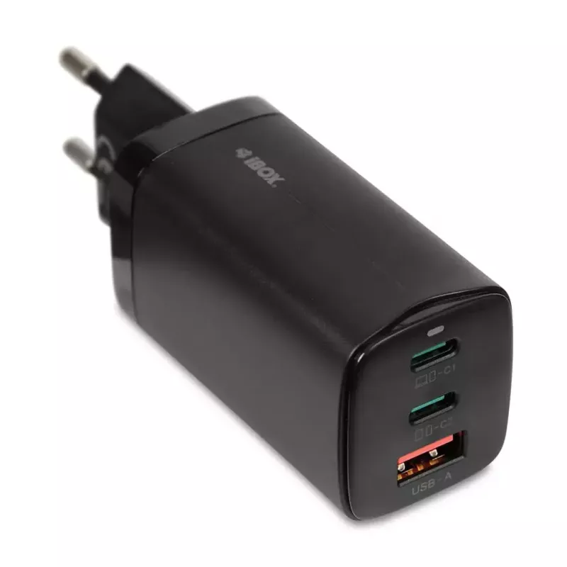 AC nabíjačka pre mobilné zariadenia IBOX ILUC65B — 65 W, 3x USB (2x USB‑A Gen1, 1x USB‑C), čierna, 100–240 V