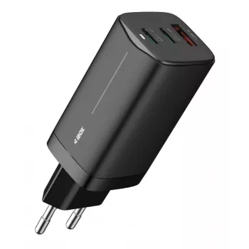 AC nabíjačka pre mobilné zariadenia IBOX ILUC65B — 65 W, 3x USB (2x USB‑A Gen1, 1x USB‑C), čierna, 100–240 V
