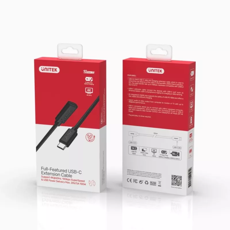 Unitek C14086BK-1M predlžovací kábel USB-C (M/F), 10 Gbps, 4K, PD 100 W, 1 m, čierny
