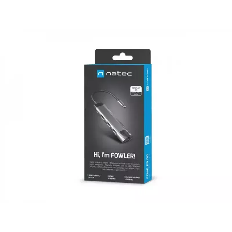 NATEC Fowler Go NMP-1985 viacportový rozbočovač USB-C, 2x USB 3.0, HDMI 4K, RJ-45 Gigabit, USB-C PD 100 W, bridlicová