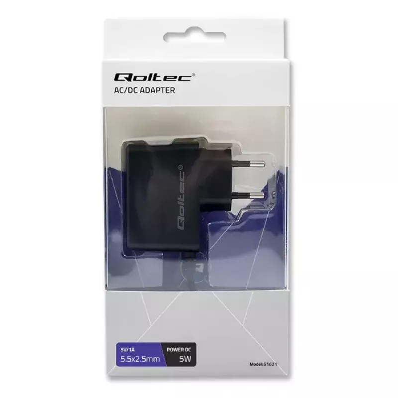 Qoltec 51021 zásuvkový napájací zdroj 5 W, 5 V, 1 A, 5,5x2,5 mm