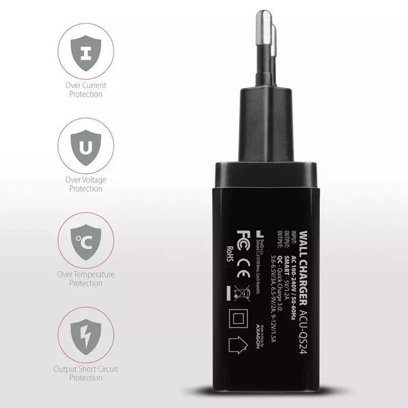 Axagon ACU-QS24 QUICK a SMART nabíjačka, 2x USB port QC3.0/AFC/FCP + 5V-1,2A, 24W