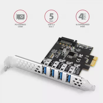 Axagon PCEU-43RS PCIe karta - 4x USB 5 Gbps port, duálne napájanie, Renesas PD720201, SP & LP
