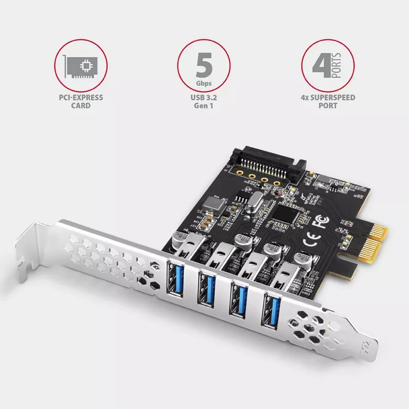 Axagon PCEU-43RS PCIe karta - 4x USB 5 Gbps port, duálne napájanie, Renesas PD720201, SP & LP