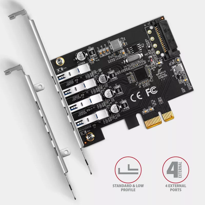 Axagon PCEU-43RS PCIe karta - 4x USB 5 Gbps port, duálne napájanie, Renesas PD720201, SP & LP