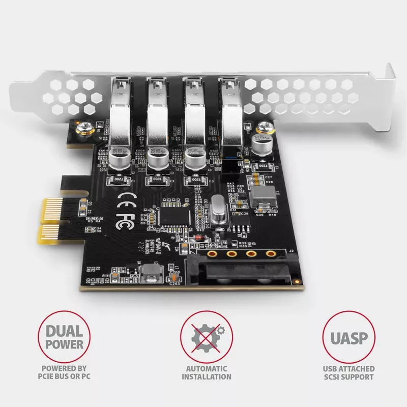 Axagon PCEU-43RS PCIe karta - 4x USB 5 Gbps port, duálne napájanie, Renesas PD720201, SP & LP