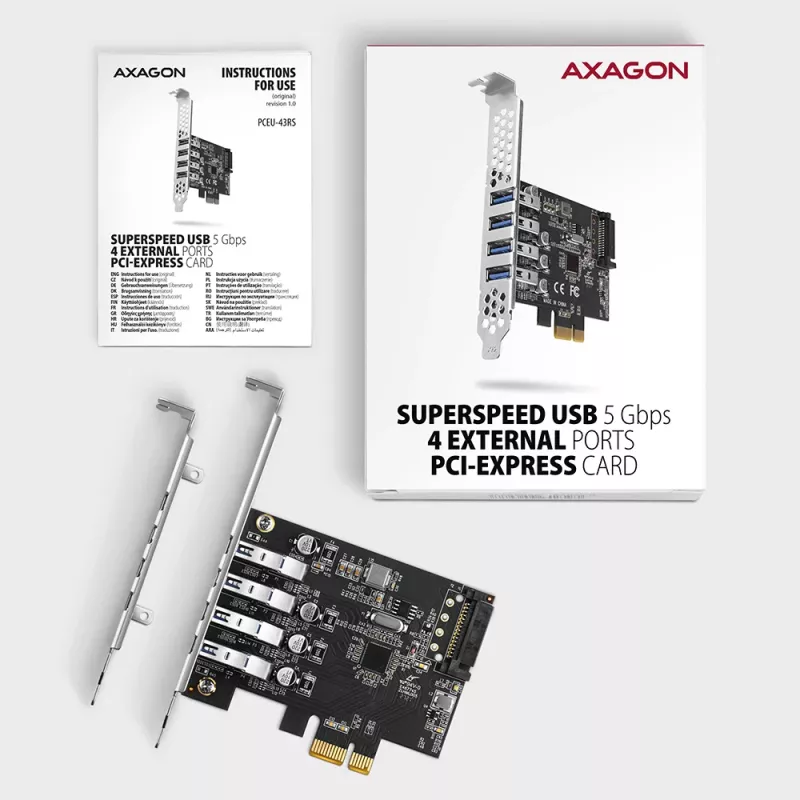 Axagon PCEU-43RS PCIe karta - 4x USB 5 Gbps port, duálne napájanie, Renesas PD720201, SP & LP