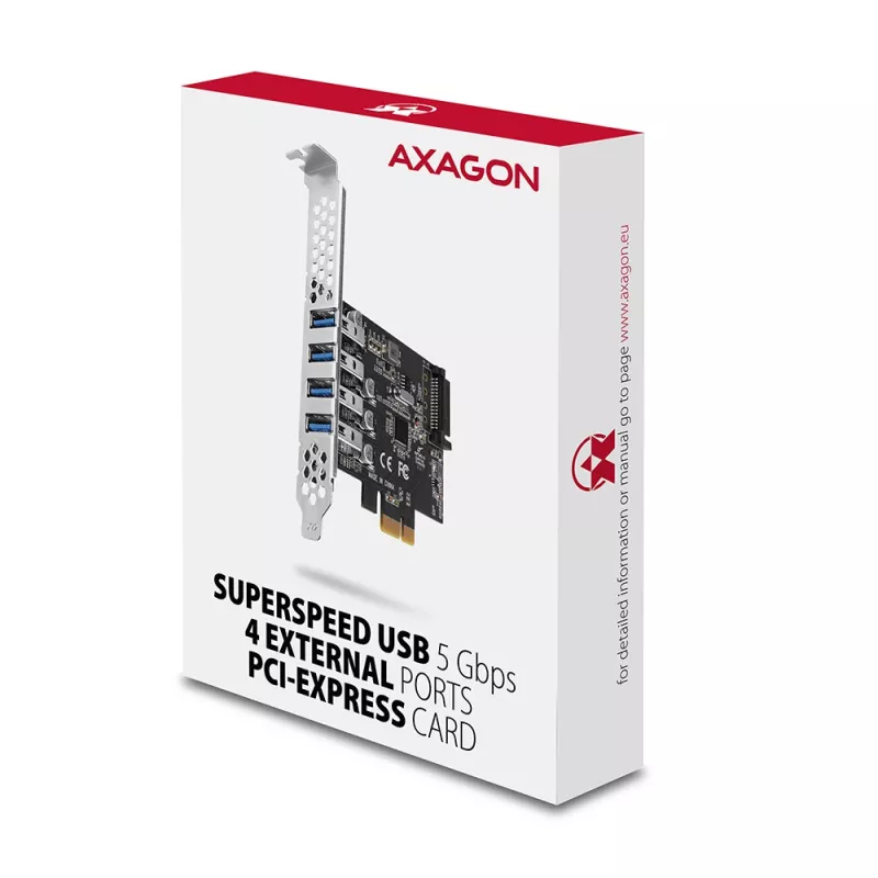 Axagon PCEU-43RS PCIe karta - 4x USB 5 Gbps port, duálne napájanie, Renesas PD720201, SP & LP