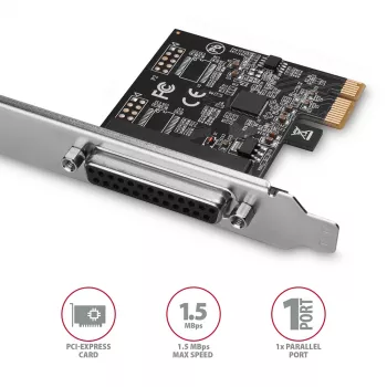 Axagon PCEA-P1N PCIe - 1x paralelný port adaptér s SP & LP, PCIe, paralelný, samica, Full-height / Low-profile, PCIe 2.0, Čína
