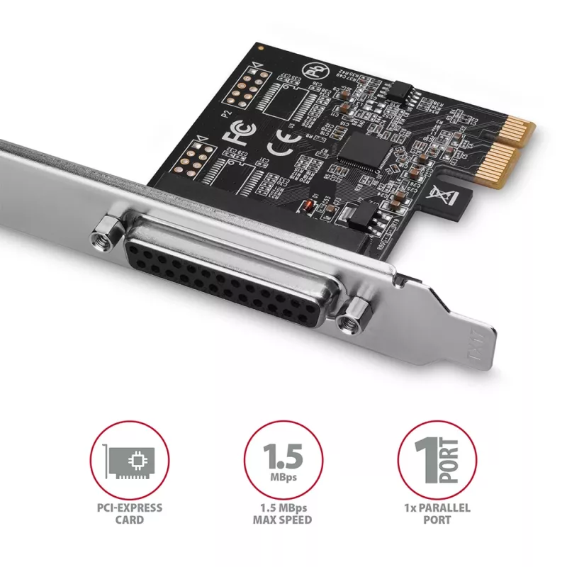 Axagon PCEA-P1N PCIe - 1x paralelný port adaptér s SP & LP, PCIe, paralelný, samica, Full-height / Low-profile, PCIe 2.0, Čína