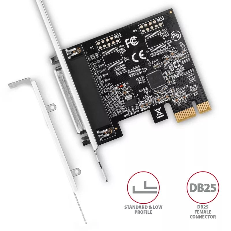 Axagon PCEA-P1N PCIe - 1x paralelný port adaptér s SP & LP, PCIe, paralelný, samica, Full-height / Low-profile, PCIe 2.0, Čína