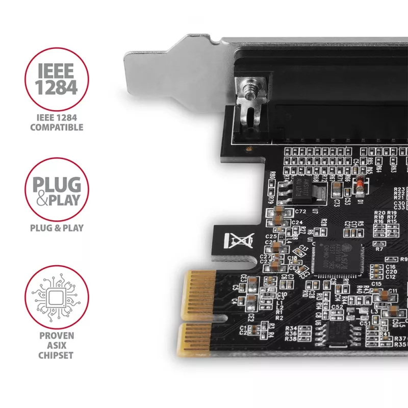 Axagon PCEA-P1N PCIe - 1x paralelný port adaptér s SP & LP, PCIe, paralelný, samica, Full-height / Low-profile, PCIe 2.0, Čína