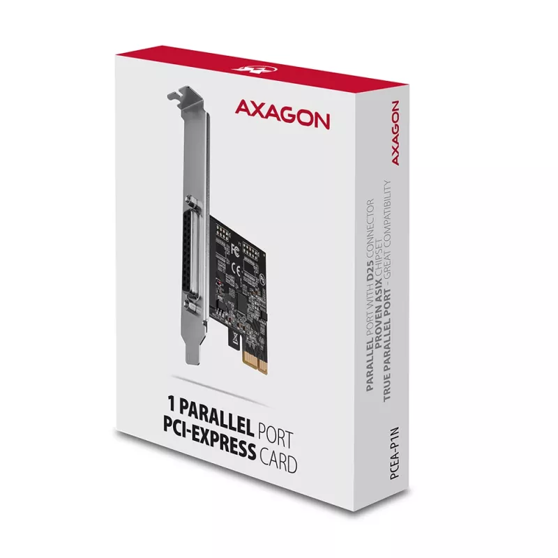 Axagon PCEA-P1N PCIe - 1x paralelný port adaptér s SP & LP, PCIe, paralelný, samica, Full-height / Low-profile, PCIe 2.0, Čína