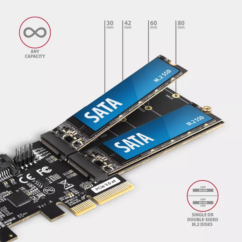 Axagon PCES-SA4M2 PCIe radič 2x interný SATA 6G port + M.2 B-Key rozširujúca karta/adaptér M.2, SATA