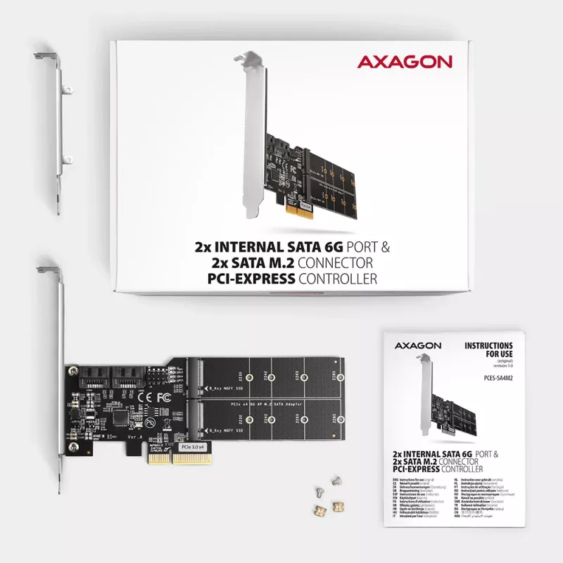 Axagon PCES-SA4M2 PCIe radič 2x interný SATA 6G port + M.2 B-Key rozširujúca karta/adaptér M.2, SATA