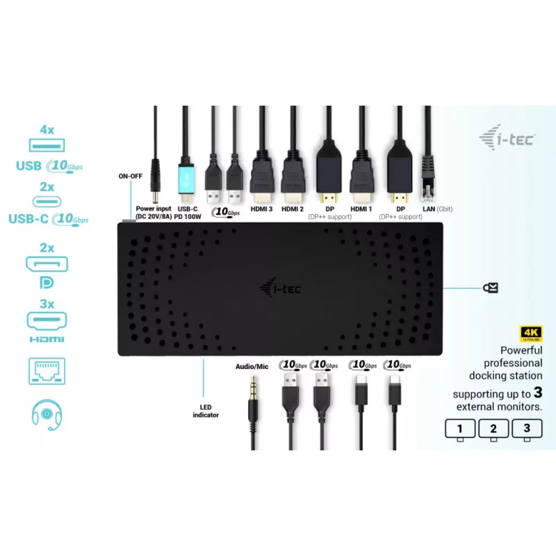 i-tec USB 3.0 / USB-C / Thunderbolt, 3x 4K dokovacia stanica Gen 2 + Power Delivery 100W