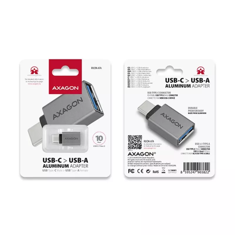 Axagon RUCM-AFA adaptér USB-C (M) -> USB-A (F), USB 3.2 Gen 2, 3A, ALU