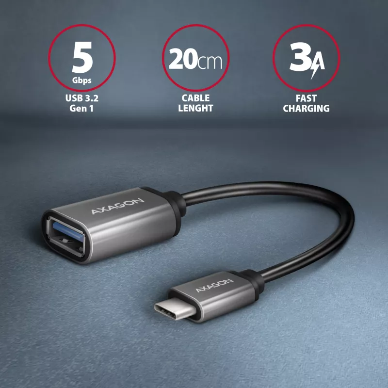 Axagon RUCM-AFAC Káblový adaptér USB-C (M) -> USB-A (F), 20 cm, USB 3.2 Gen 1, 3A, ALU