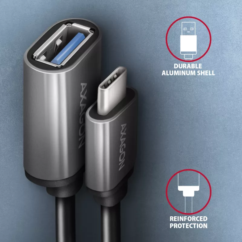 Axagon RUCM-AFAC Káblový adaptér USB-C (M) -> USB-A (F), 20 cm, USB 3.2 Gen 1, 3A, ALU