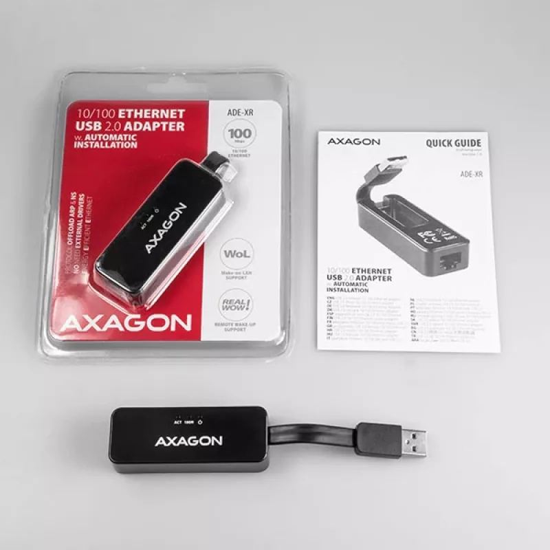 AXAGON ADE-XR adaptér USB 2.0 Type-A na Fast Ethernet 10/100, RJ-45, Realtek RTL8152, čierny, 23 g