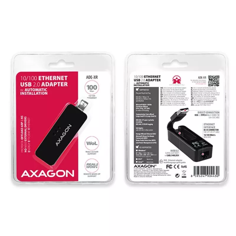 AXAGON ADE-XR adaptér USB 2.0 Type-A na Fast Ethernet 10/100, RJ-45, Realtek RTL8152, čierny, 23 g