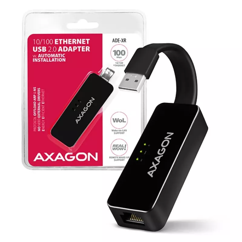 AXAGON ADE-XR adaptér USB 2.0 Type-A na Fast Ethernet 10/100, RJ-45, Realtek RTL8152, čierny, 23 g