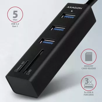 Axagon HMA-CR3A Kovový USB 3.2 Gen 1 multi-port hub s tromi USB portami a čítačkou kariet