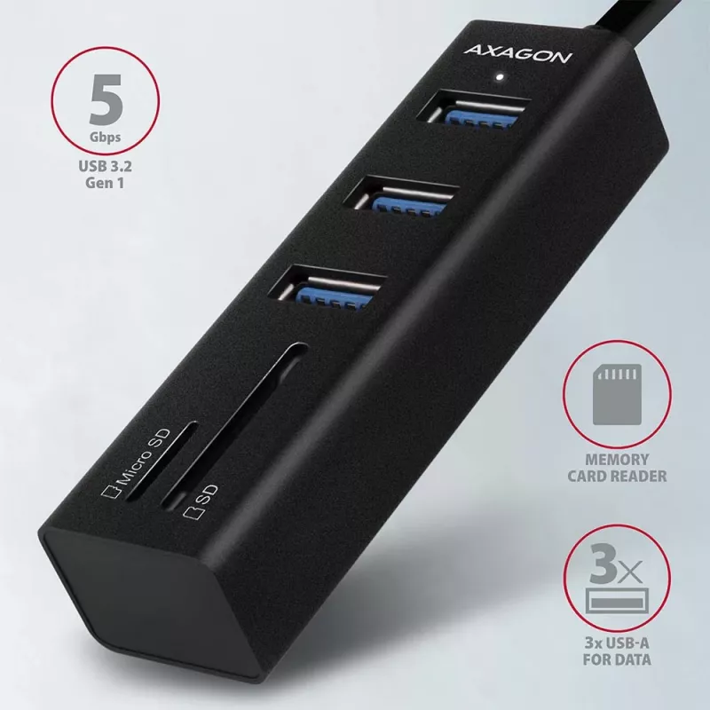 Axagon HMA-CR3A Kovový USB 3.2 Gen 1 multi-port hub s tromi USB portami a čítačkou kariet