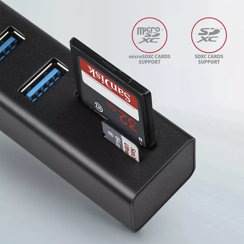 Axagon HMA-CR3A Kovový USB 3.2 Gen 1 multi-port hub s tromi USB portami a čítačkou kariet