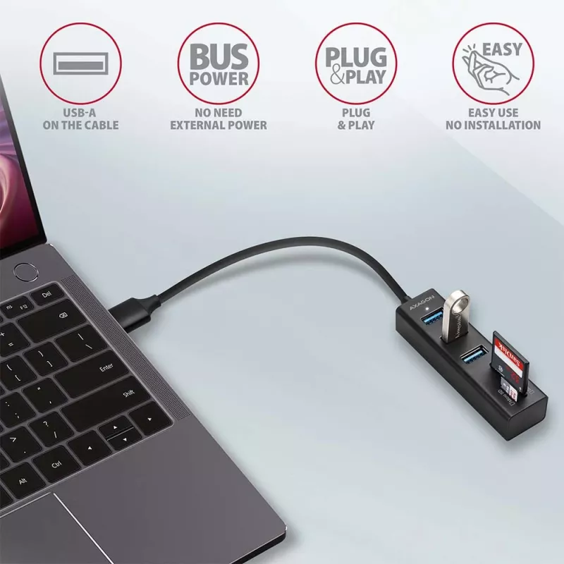 Axagon HMA-CR3A Kovový USB 3.2 Gen 1 multi-port hub s tromi USB portami a čítačkou kariet