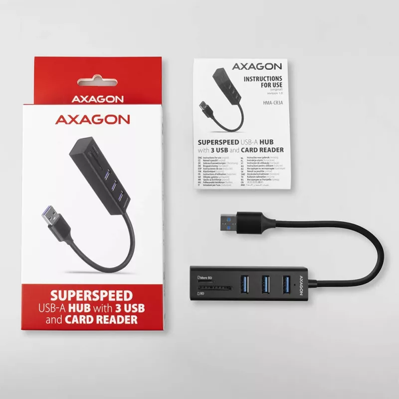 Axagon HMA-CR3A Kovový USB 3.2 Gen 1 multi-port hub s tromi USB portami a čítačkou kariet