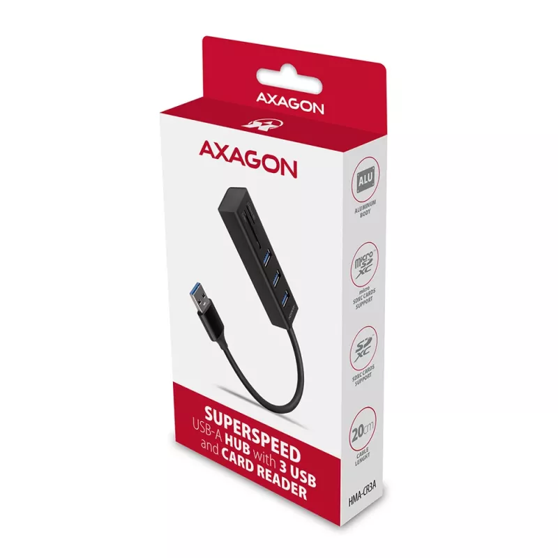 Axagon HMA-CR3A Kovový USB 3.2 Gen 1 multi-port hub s tromi USB portami a čítačkou kariet