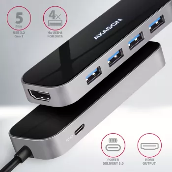 Axagon HMC-6H4A USB 3.2 Gen 1 hub, 4x USB-A, HDMI 4K/30Hz, PD 100W, 20 cm USB-C kábel