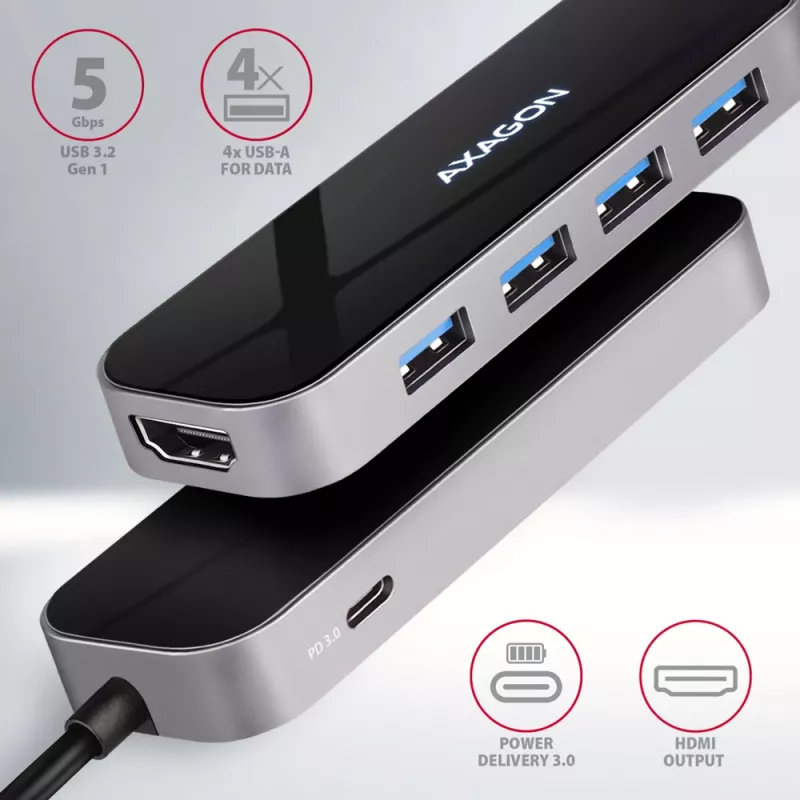 Axagon HMC-6H4A USB 3.2 Gen 1 hub, 4x USB-A, HDMI 4K/30Hz, PD 100W, 20 cm USB-C kábel