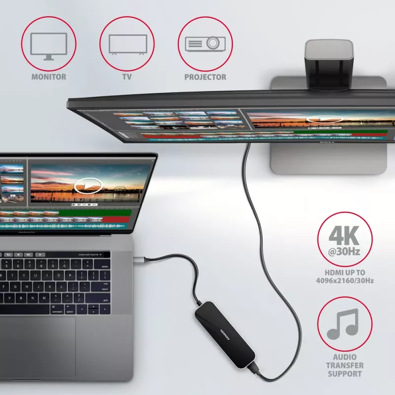 Axagon HMC-6H4A USB 3.2 Gen 1 hub, 4x USB-A, HDMI 4K/30Hz, PD 100W, 20 cm USB-C kábel