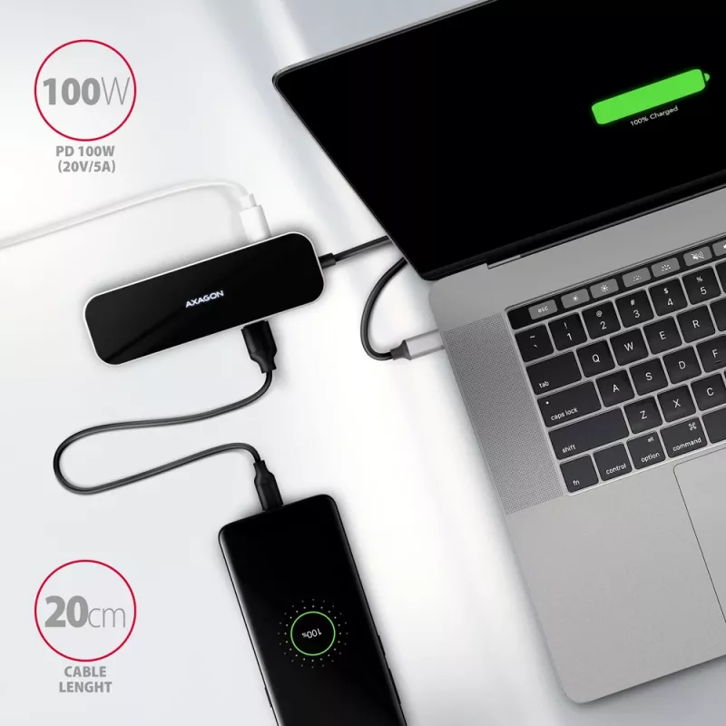 Axagon HMC-6H4A USB 3.2 Gen 1 hub, 4x USB-A, HDMI 4K/30Hz, PD 100W, 20 cm USB-C kábel