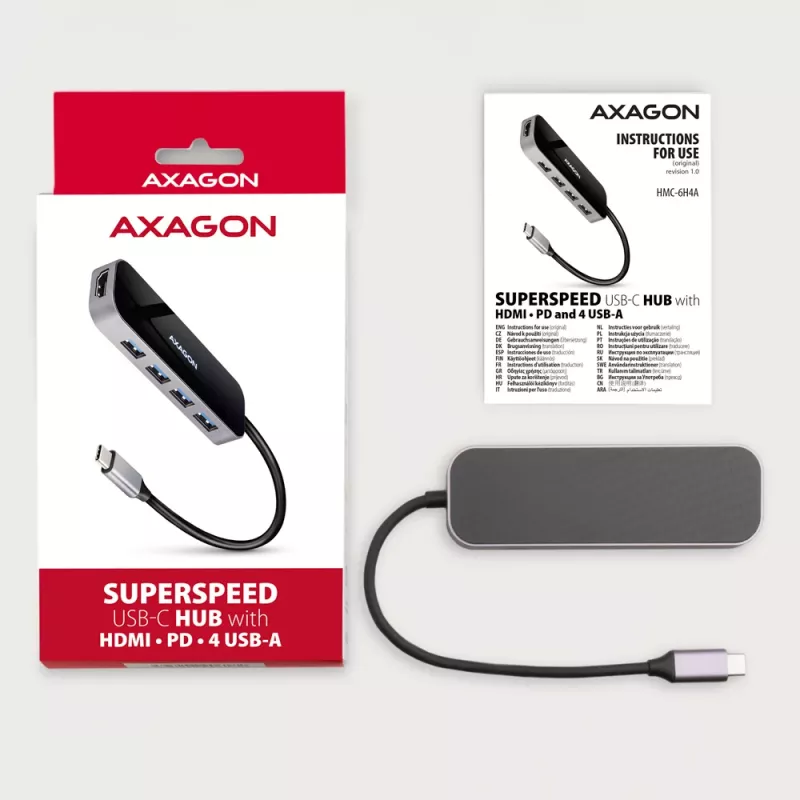 Axagon HMC-6H4A USB 3.2 Gen 1 hub, 4x USB-A, HDMI 4K/30Hz, PD 100W, 20 cm USB-C kábel