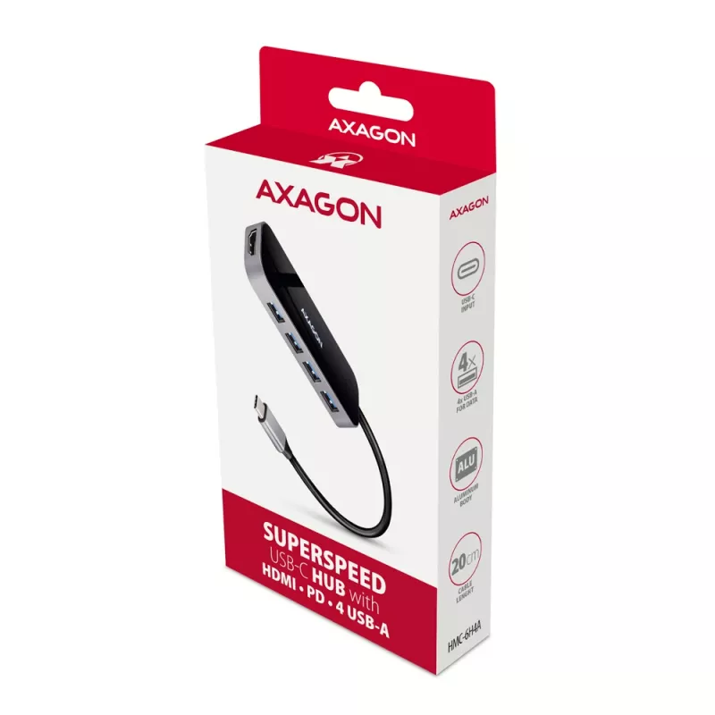 Axagon HMC-6H4A USB 3.2 Gen 1 hub, 4x USB-A, HDMI 4K/30Hz, PD 100W, 20 cm USB-C kábel