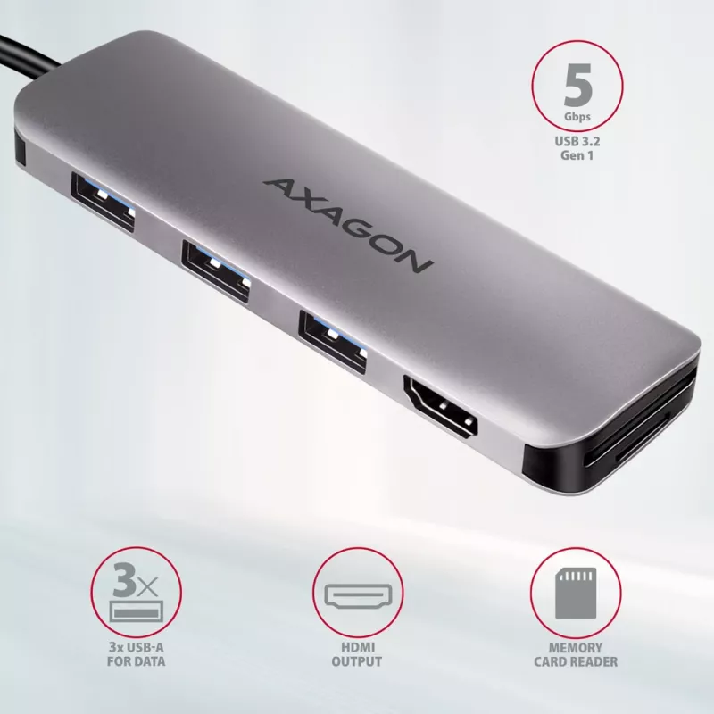 Axagon HMC-HCR3A 3x USB-A+ HDMI+ SD/microSD USB-C 3.2 Gen 1 hub 20 cm Káblový USB 3.2 Gen 1 (3.1 Gen 1) Type-C sivý