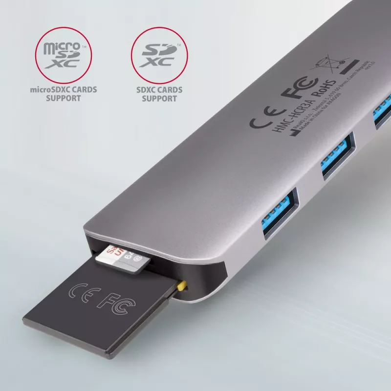 Axagon HMC-HCR3A 3x USB-A+ HDMI+ SD/microSD USB-C 3.2 Gen 1 hub 20 cm Káblový USB 3.2 Gen 1 (3.1 Gen 1) Type-C sivý