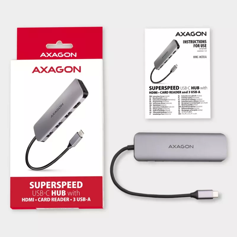 Axagon HMC-HCR3A 3x USB-A+ HDMI+ SD/microSD USB-C 3.2 Gen 1 hub 20 cm Káblový USB 3.2 Gen 1 (3.1 Gen 1) Type-C sivý