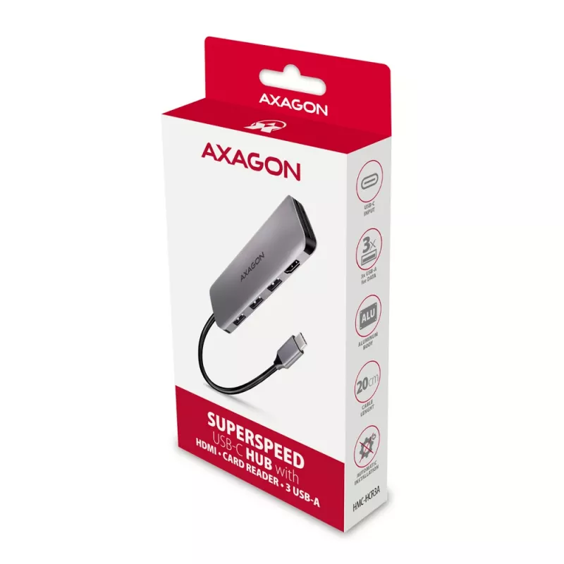 Axagon HMC-HCR3A 3x USB-A+ HDMI+ SD/microSD USB-C 3.2 Gen 1 hub 20 cm Káblový USB 3.2 Gen 1 (3.1 Gen 1) Type-C sivý